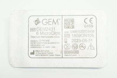 GEM GEM2431, Peters Surgical 6 MicroClips Titanium Hemostatic Clips